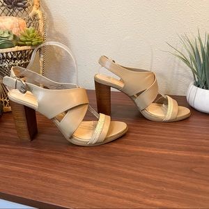 Nine West Pickett Faux Wood Block Heel Open Toe Pumps Size 9